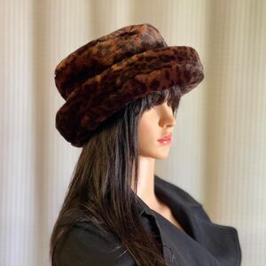 Vtg 90s Ben Berger Luxury Collection Faux Fur Leopard Print Hat Mod Cuffed Brim